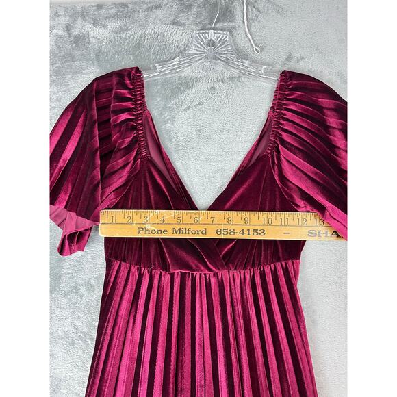 ASOS Burgundy Wine Velvet Maxi Dress 4 Empire Waist Pleated Twist Cutout Back - Picture 12 of 16